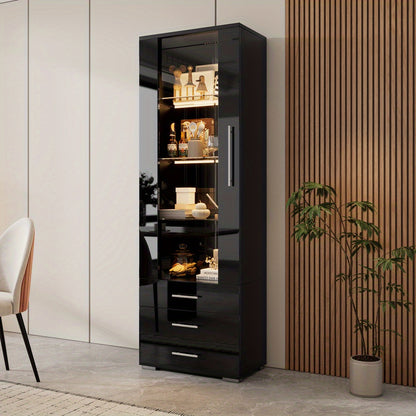 Modern Black Glass Display Case with 3 Drawers - High-Gloss Finish, Freestanding Vertical Storage Organizer for Home Decor, 60x35x180cm, Glass Display Cabinet, Contemporary Furniture, Metallic Frame