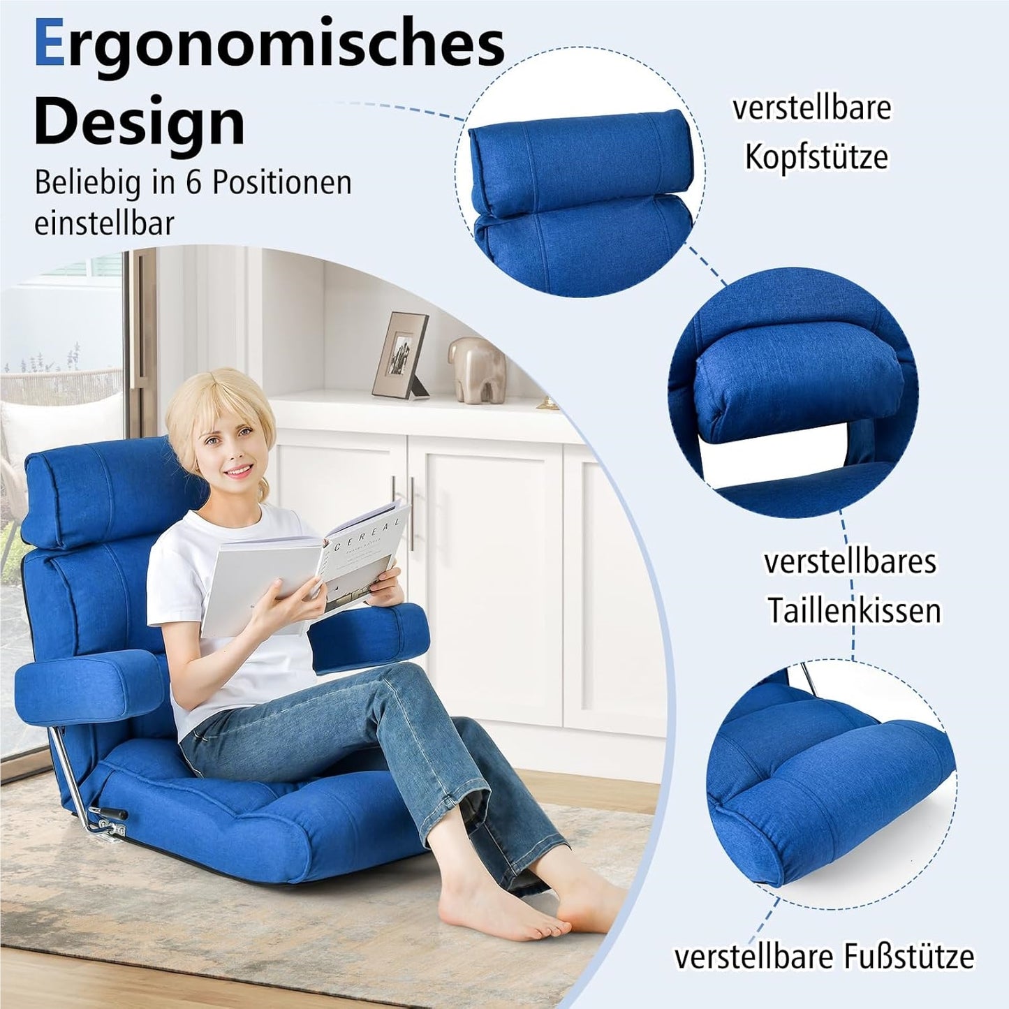 Vloerstoel – Zitzak – Meditatiestoel – Gamingstoel – Relaxfauteuil – Verstelbare Rugleuning 90-180° – Inklapbare Armleuningen – Blauw