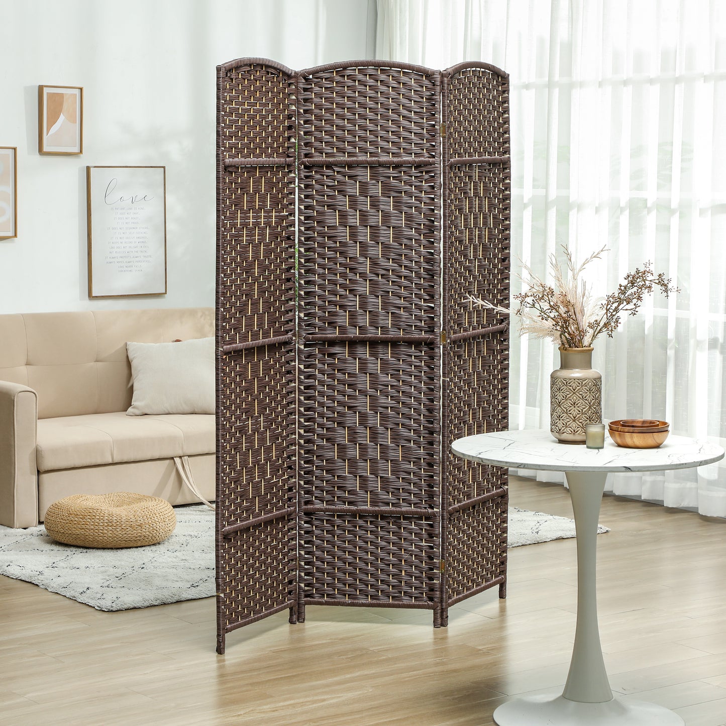 Roomdivider – Scheidingswand – Kamerscherm – Vouwscherm – Raumteiler – 3-delig Vouwbaar – Natuurlijk Dennenhout & Rotan Patroon – Bruin