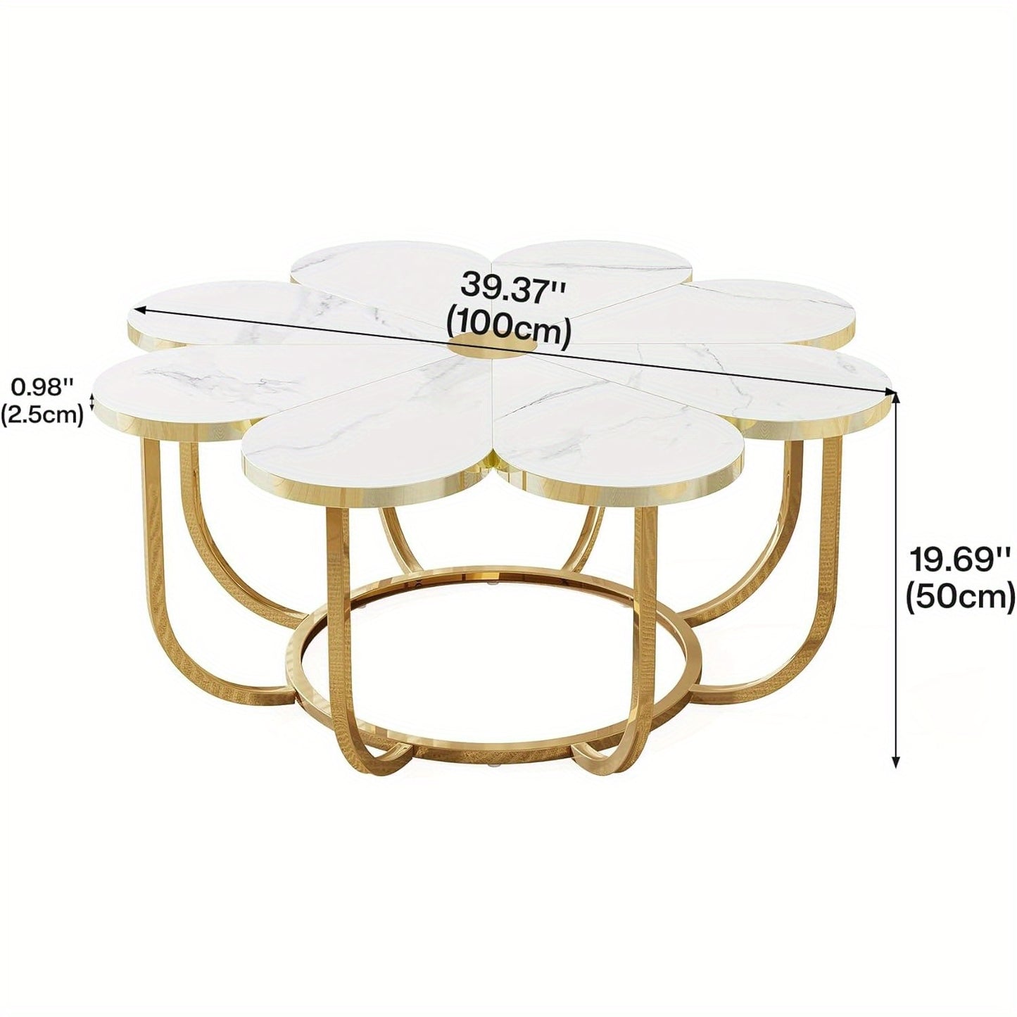 Salontafel – Tafel – Koffietafel – Bijzettafel – Lounge Tafel – Wit en Goud – Bloemvormig Kunstmarmeren Blad – Stevig Metalen Frame 100 cm