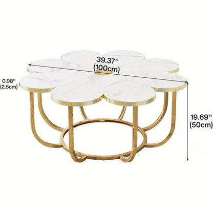 Salontafel – Tafel – Koffietafel – Bijzettafel – Lounge Tafel – Wit en Goud – Bloemvormig Kunstmarmeren Blad – Stevig Metalen Frame 100 cm