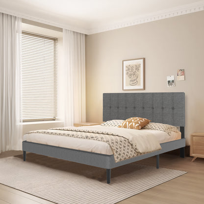 Bedframe – Gestoffeerd Bed – Ledikant – Slaapkamerbed – Lattenbodem – Donkergrijs – Linnen Hoofdbord – Stevig 140x200 cm – Draagkracht 300 kg
