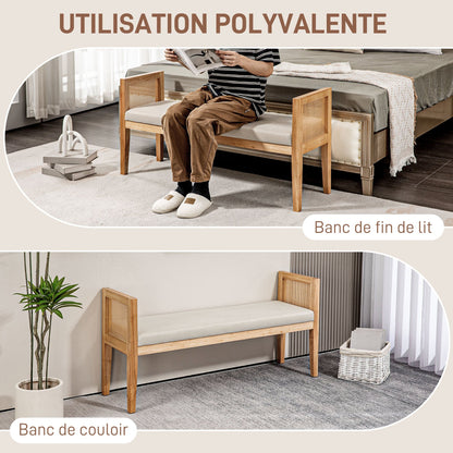 Woonkamerbank – Zitbank – Slaapbank – Bankje – Halbank – Rattan Armleuningen – Stevig Houten Frame – Comfortabele Linnen-look Bekleding – 120 cm Lang