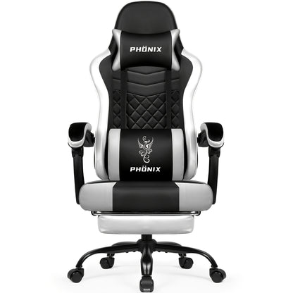 Ergonomische Gamingstoel – Bureaustoel – Bureaukruk – Computerstoel – Zithulp – Verstelbare Rugleuning – Inklapbare Voetensteun – Wit – Memory Foam Bekleding – Roestvrij Stalen Frame
