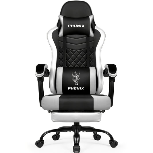 Ergonomische Gamingstoel – Bureaustoel – Bureaukruk – Computerstoel – Zithulp – Verstelbare Rugleuning – Inklapbare Voetensteun – Wit – Memory Foam Bekleding – Roestvrij Stalen Frame