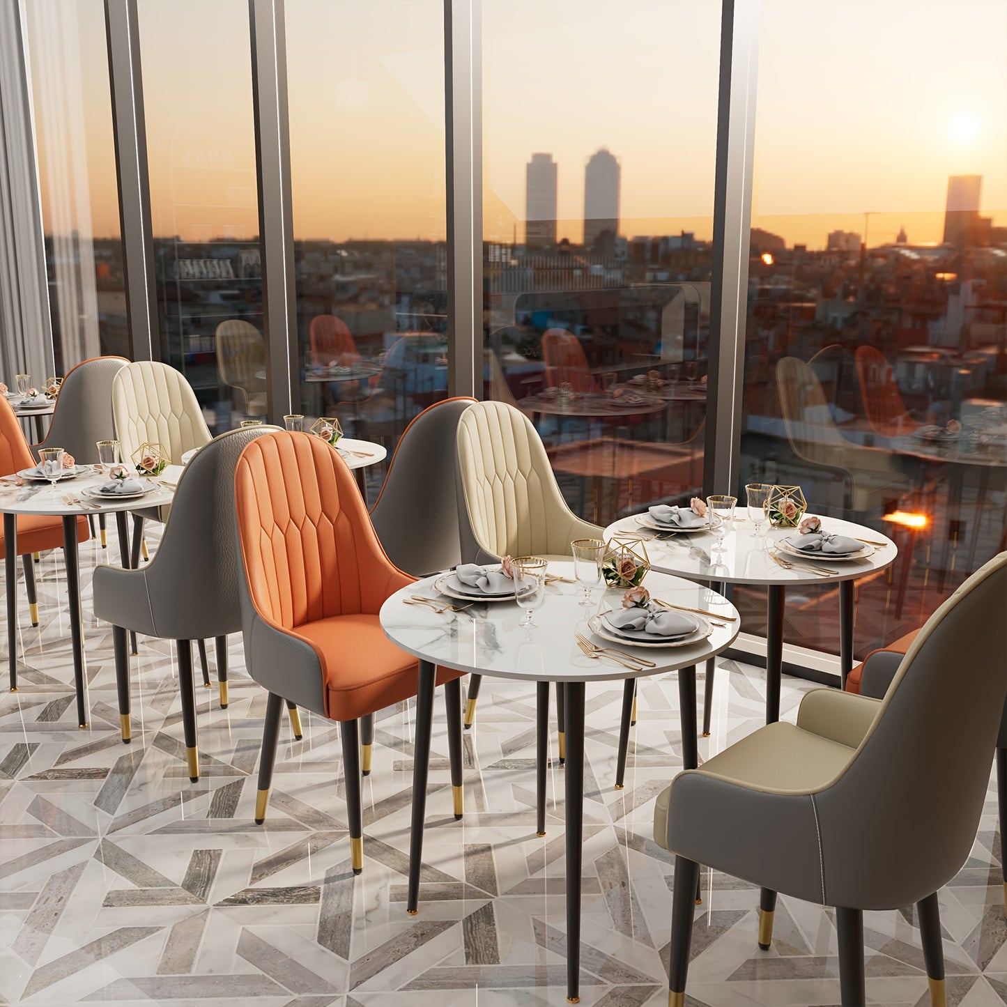 Set Of 2 Microfiber Dining Chairs: Metal Legs, High Backrest, Modern Kitchen Fabric Dining Chairs, Orange +Grey, Beige for Restaurant, Dining Room, Living Room