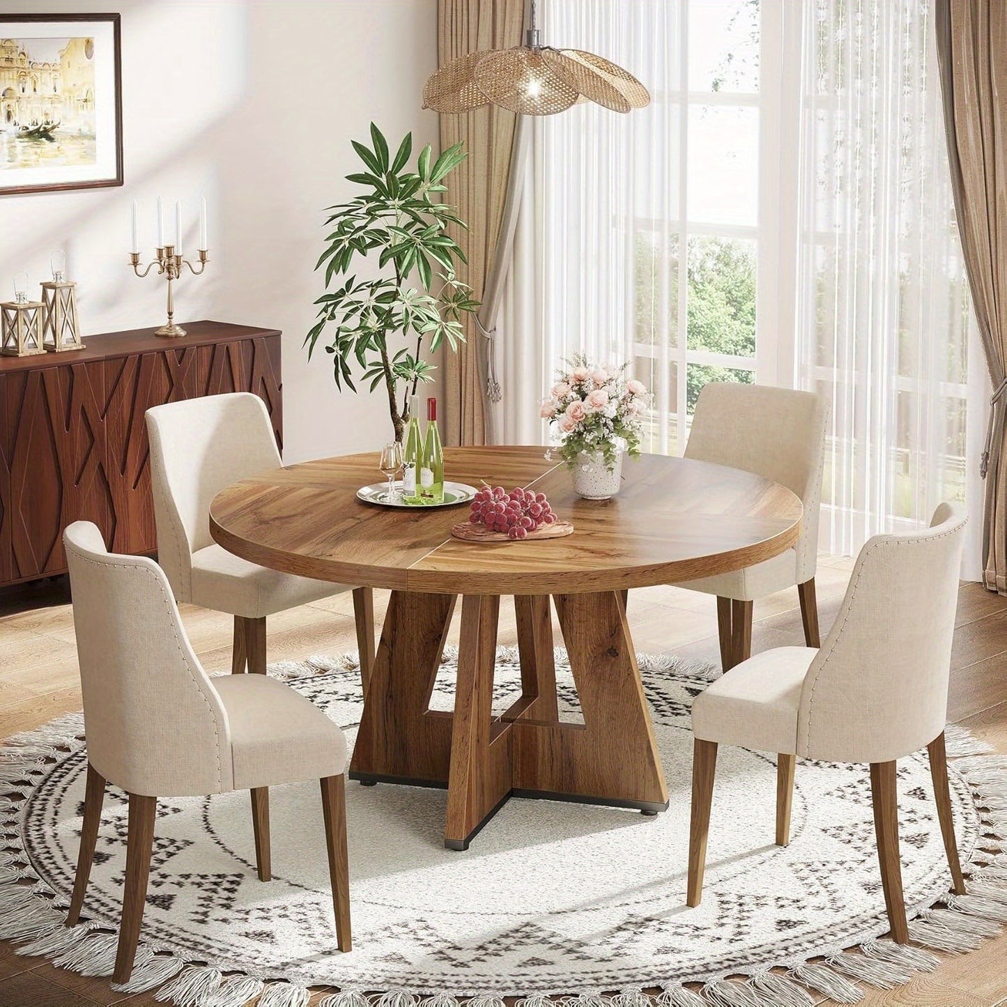 Ronde Eettafel – Eetkamertafel – Keukentafel – Tafel – Meubels – 119 cm Diameter – Geperst Hout Met Metalen Kruisvoet