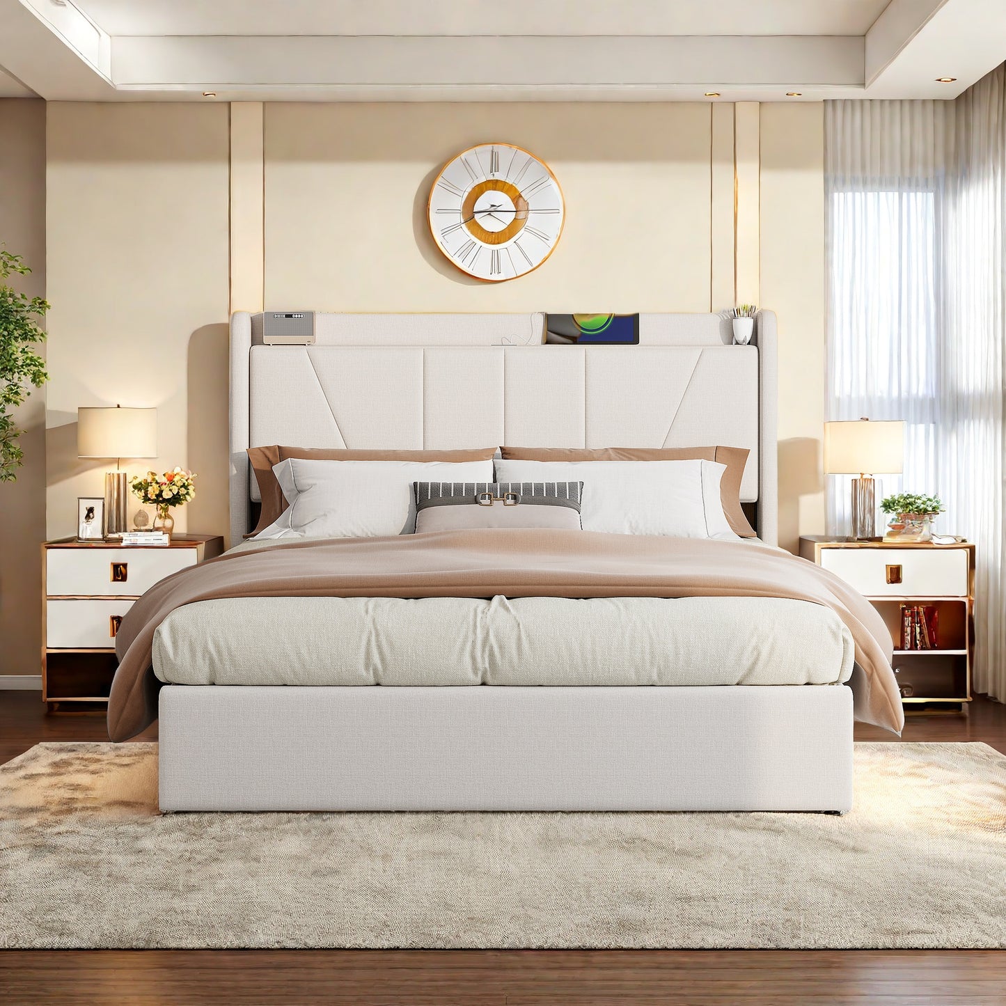 Bedframe – Tweepersoonsbed – Gestoffeerd Bed – Bedplaats – Slaapbank – 160x200 cm – Beige Linnen Bekleding – Hydraulische Opbergruimte