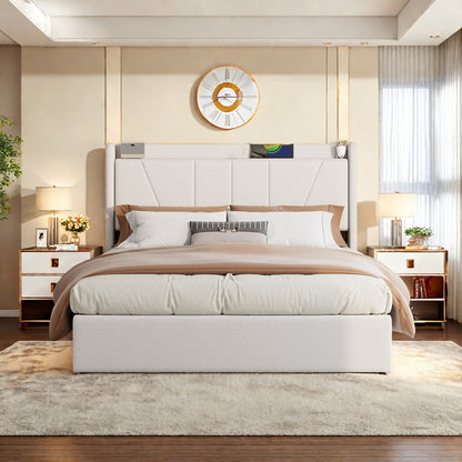 Bedframe – Tweepersoonsbed – Gestoffeerd Bed – Bedplaats – Slaapbank – 160x200 cm – Beige Linnen Bekleding – Hydraulische Opbergruimte