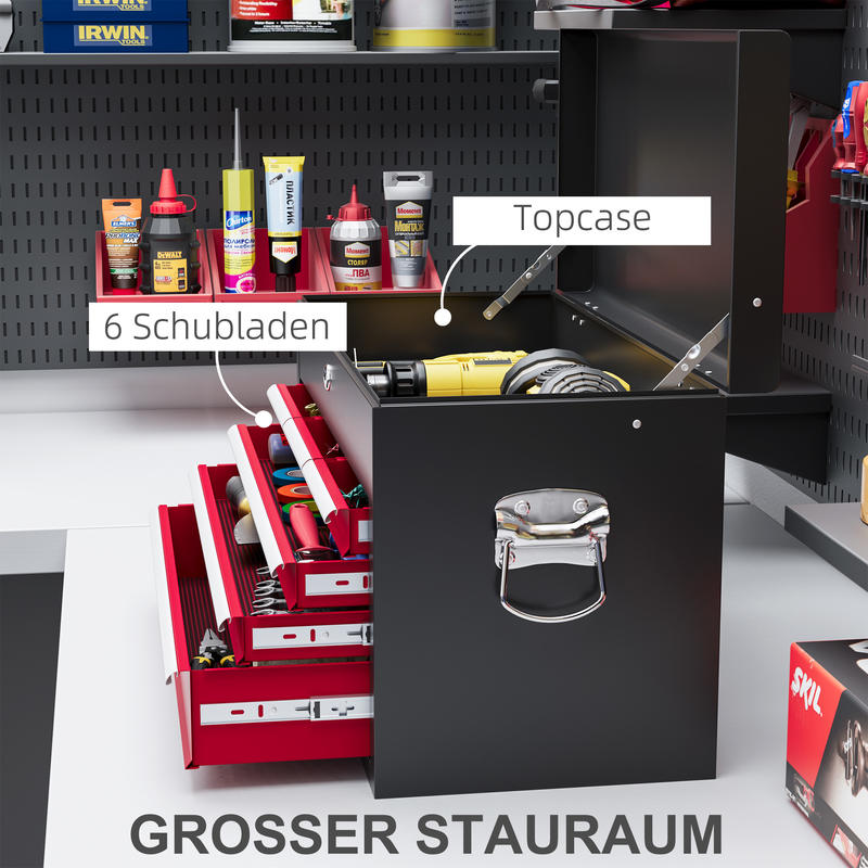 Opbergkist Gereedschapskist Toolbox Werkplaatskist Ladesysteem – Variant B20-107V00MX – Stevig Stalen Frame – Afsluitbaar Met Slot – 60x26x34 cm – Rood Zwart