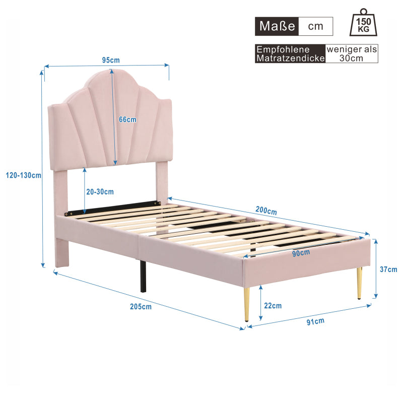 Eenpersoonsbed – Eenpersoonsbedden – Kinderbed – Opbergbed – Slaapbank – Gestoffeerd Roze Fluweel – Verstelbaar Schelpvormig Hoofdbord – Lattenbodem Hout 90x200 cm