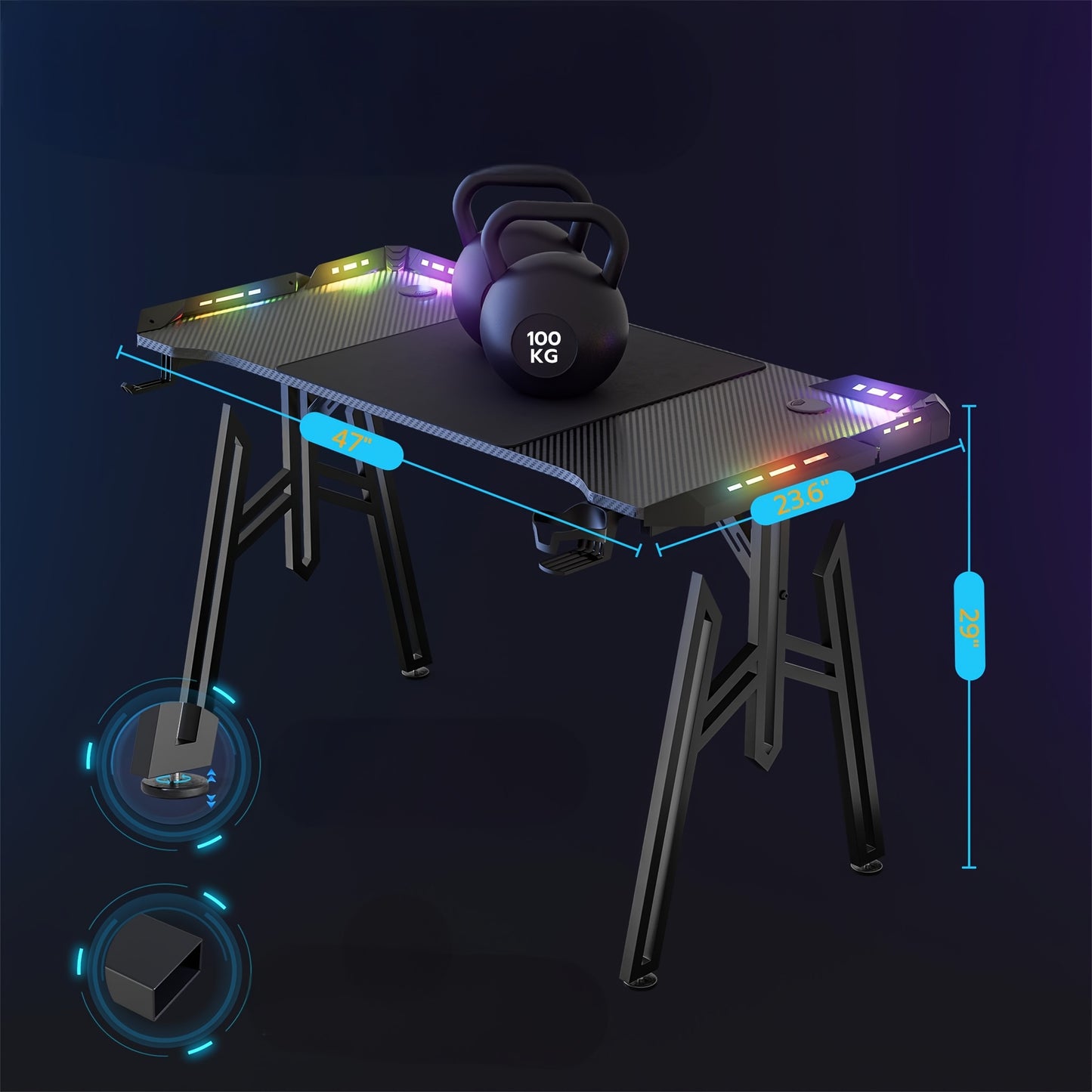 Gametafel – Gamebureau – Gaming Bureau – Computerbureau – Werktafel – Ergonomisch Design – Krasbestendig Carbonfiber Blad – 120/140/160 cm – M-Vormige Stalen Poten