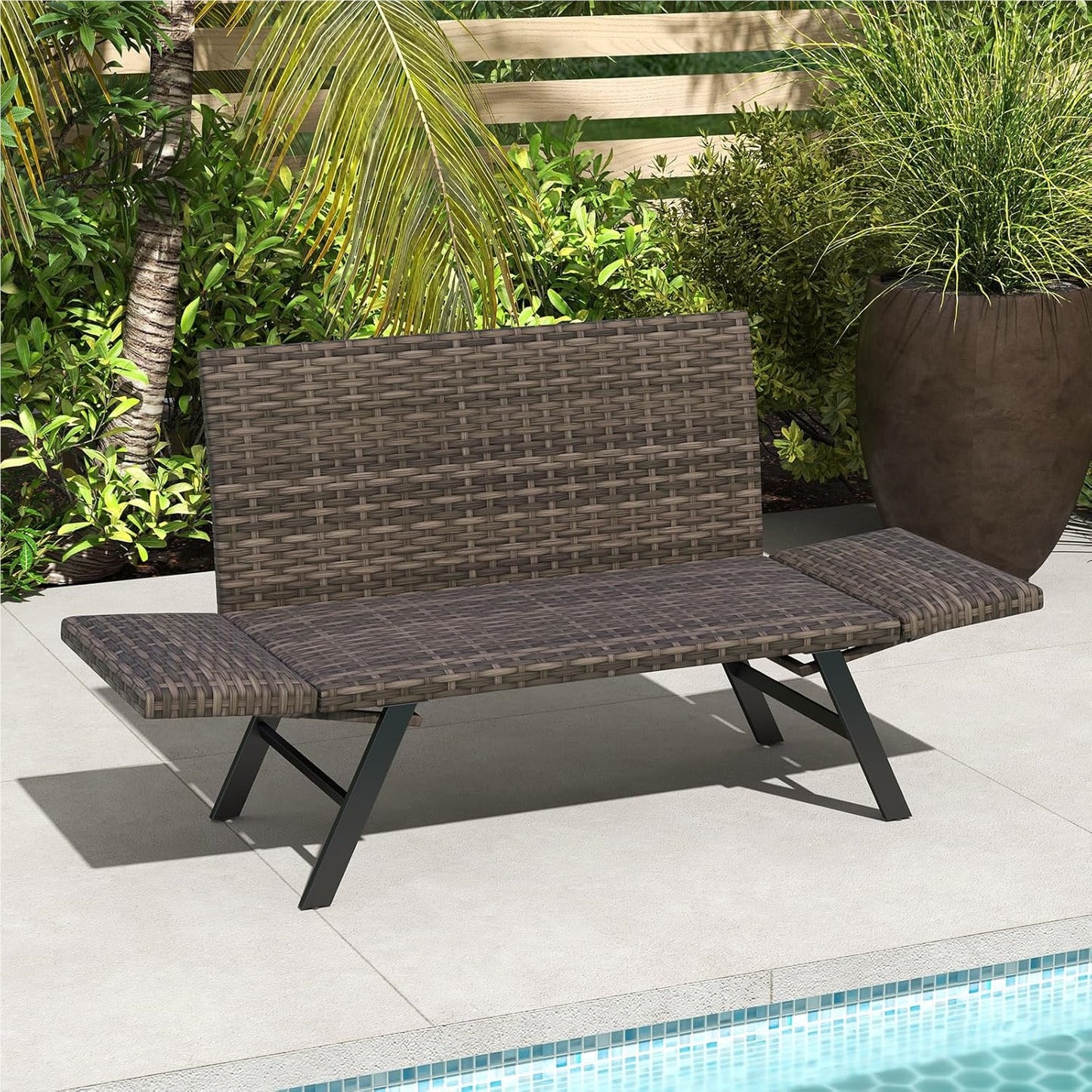 Polyrattan Tuinbank – Tuinbankje – Balkonbank – Buitenbank – Tuinbank Met Verstelbare Armleuningen – Met Sneldrogend Schuimkussen & Verstelbare Rugleuning – 178 x 59 x 89 cm – Grijs