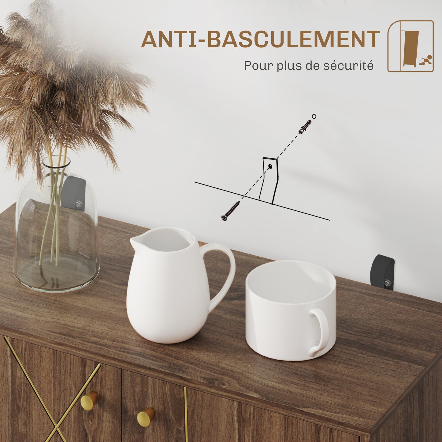 Dressoir – Opbergkast – Woonkamerkast – Buffetkast – Sideboard – Kastanjebruin Met Gouden Stalen Accenten – Verstelbare Planken – Anti-Kantel Systeem