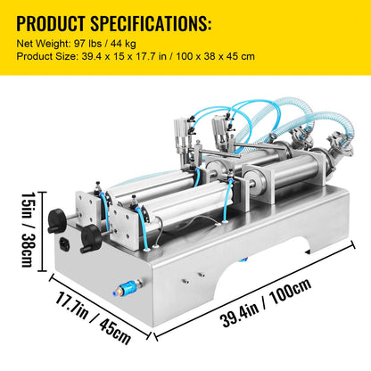 Vulmachine – Vloeistofvuller – Flessenvuller – Pneumatische Vulmachine – Vloeistof Dispenser – Twee Vulmondjes – Roestvrij Staal – Instelbaar 100-1000 ml