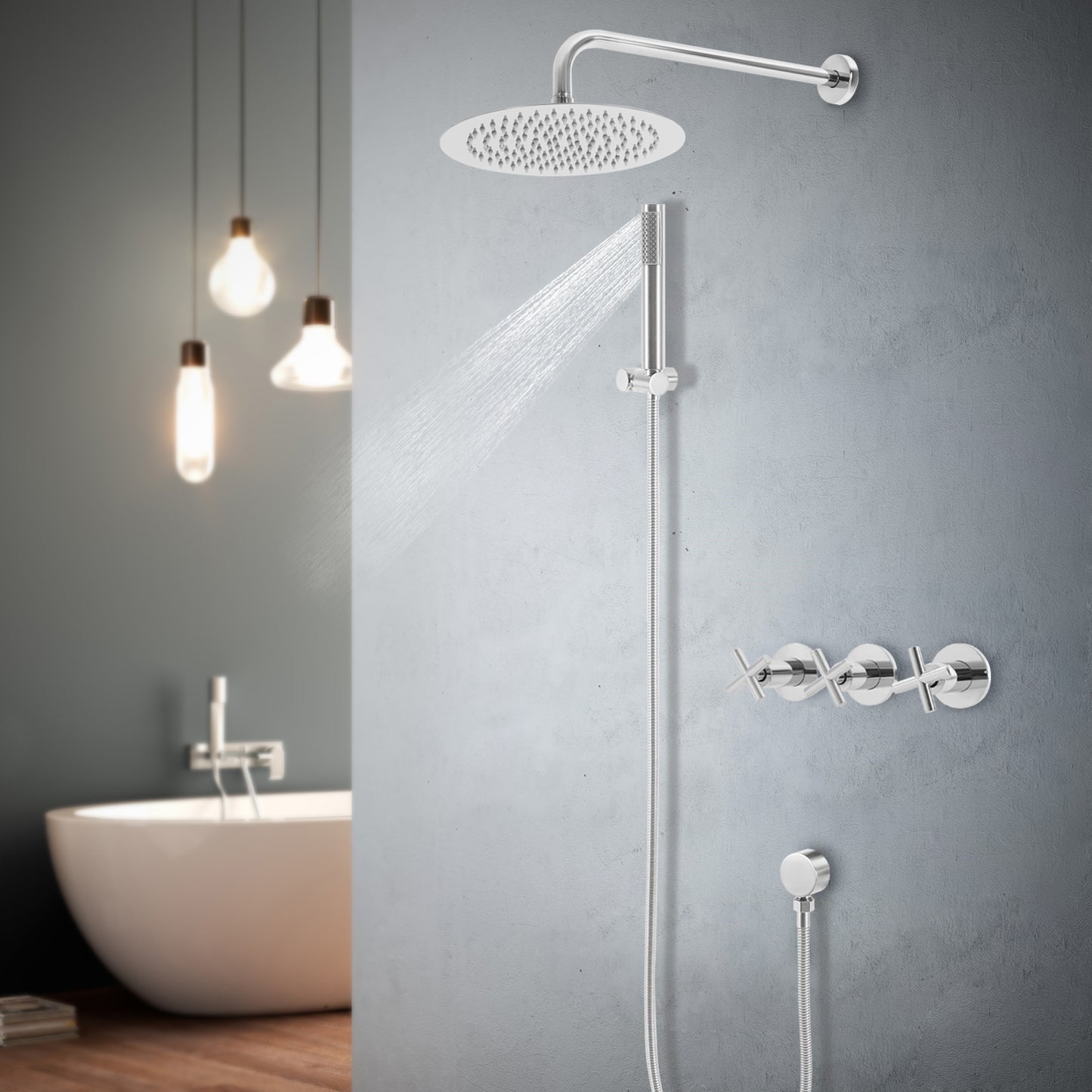 Modern Wall-Mounted Bath Tap with Handheld Shower - Stainless Steel Dual Function Mixer Tap, 24.99cm Rainfall Showerhead & Adjustable 45° Handheld Spray, Rust-Resistant Bathroom Faucet for Spa-Like Shower Experience, Contemp