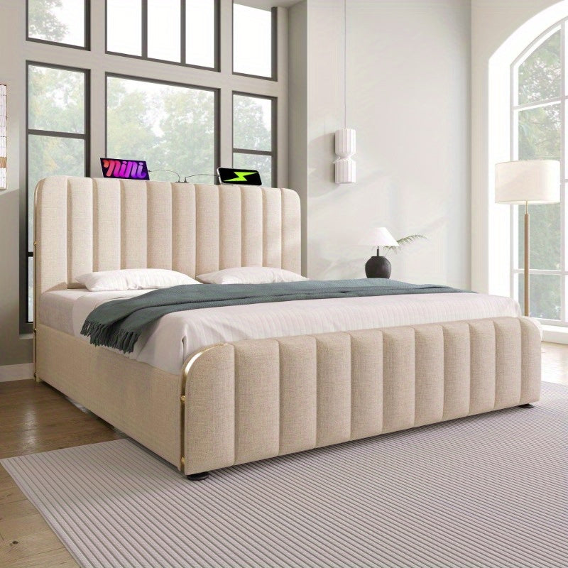 Upholstery Tweepersoonsbed – Bedframe – Slaapbank – Opbergbed – Hydraulisch Bed – 160x200 cm – Beige Linnen – Gouden Rand Hoofdeinde