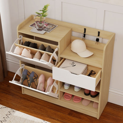 Shoe Cabinet, Suitable for Hallways, Featuring a Lift-up Drawer, Open Shelving and Four Hooks, Accommodating up to Fourteen Pairs of Shoes, Natural Finish.