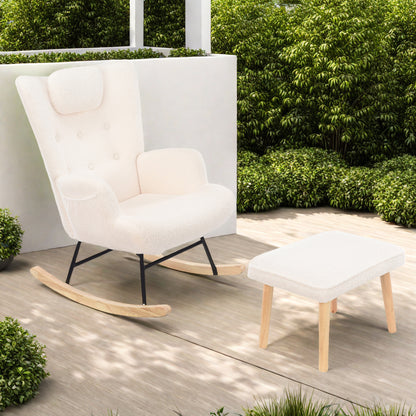 Fauteuil – Schommelstoel – Relaxstoel – Loungefauteuil – Leesfauteuil – Met Voetenbank – Zijzakken – Ergonomisch Design – Massief Hout – Wit