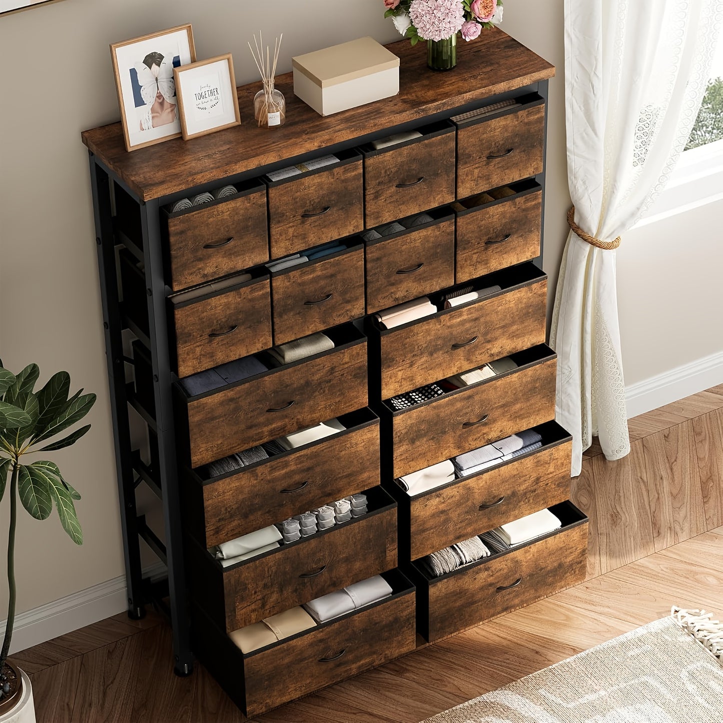 Ladeblok – Ladekast – Rolcontainer – Bureaukast – Archiefkast – 16 Lades – Stalen Frame met Houten Bovenblad – Compact 81x41x69 cm