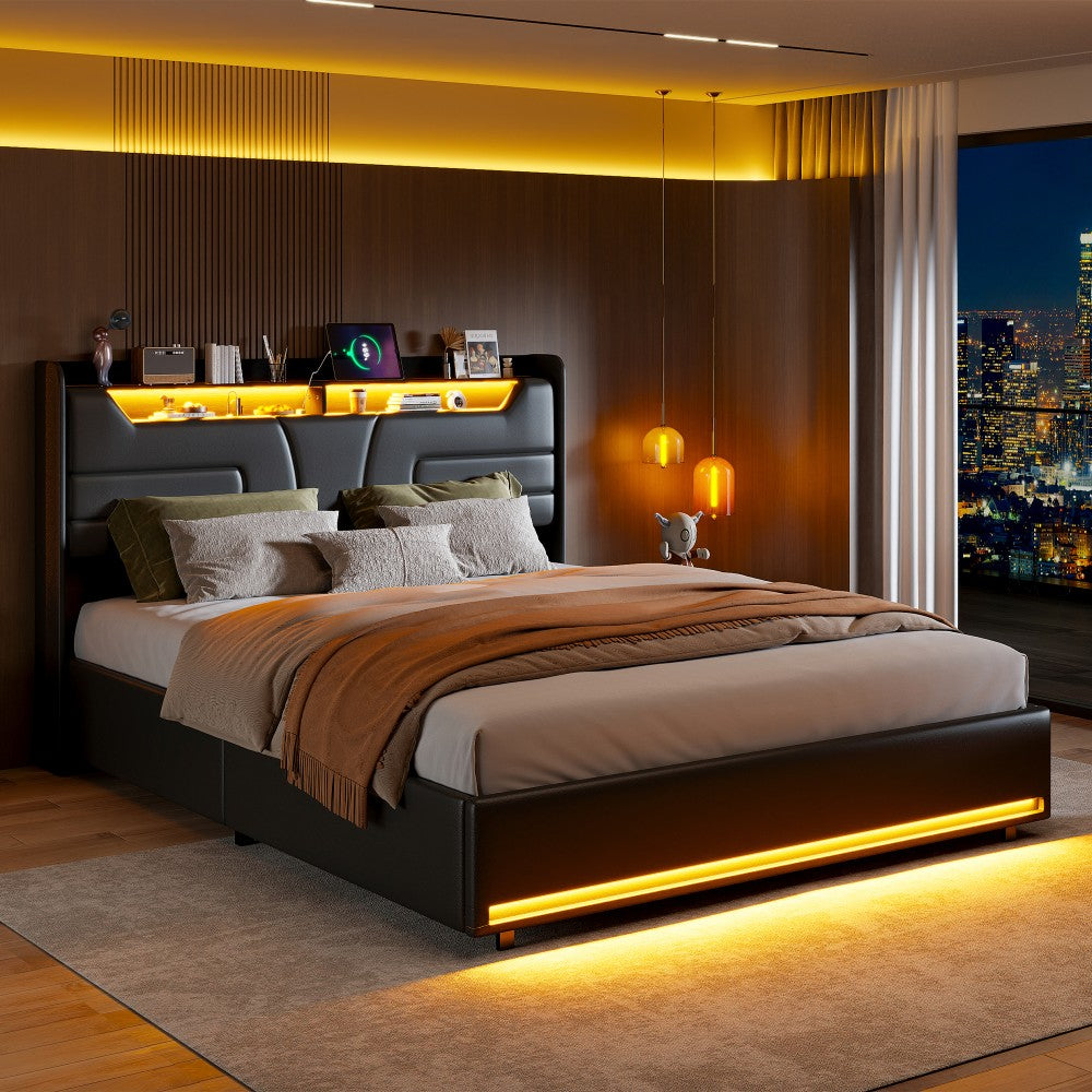 Opbergbed 160x200 cm – Tweepersoonsbed – Bedlade – Opbergboxbed – Gasliftbed – Met LED-verlichting – USB Oplaadpunten – Metalen Frame – Modern Design
