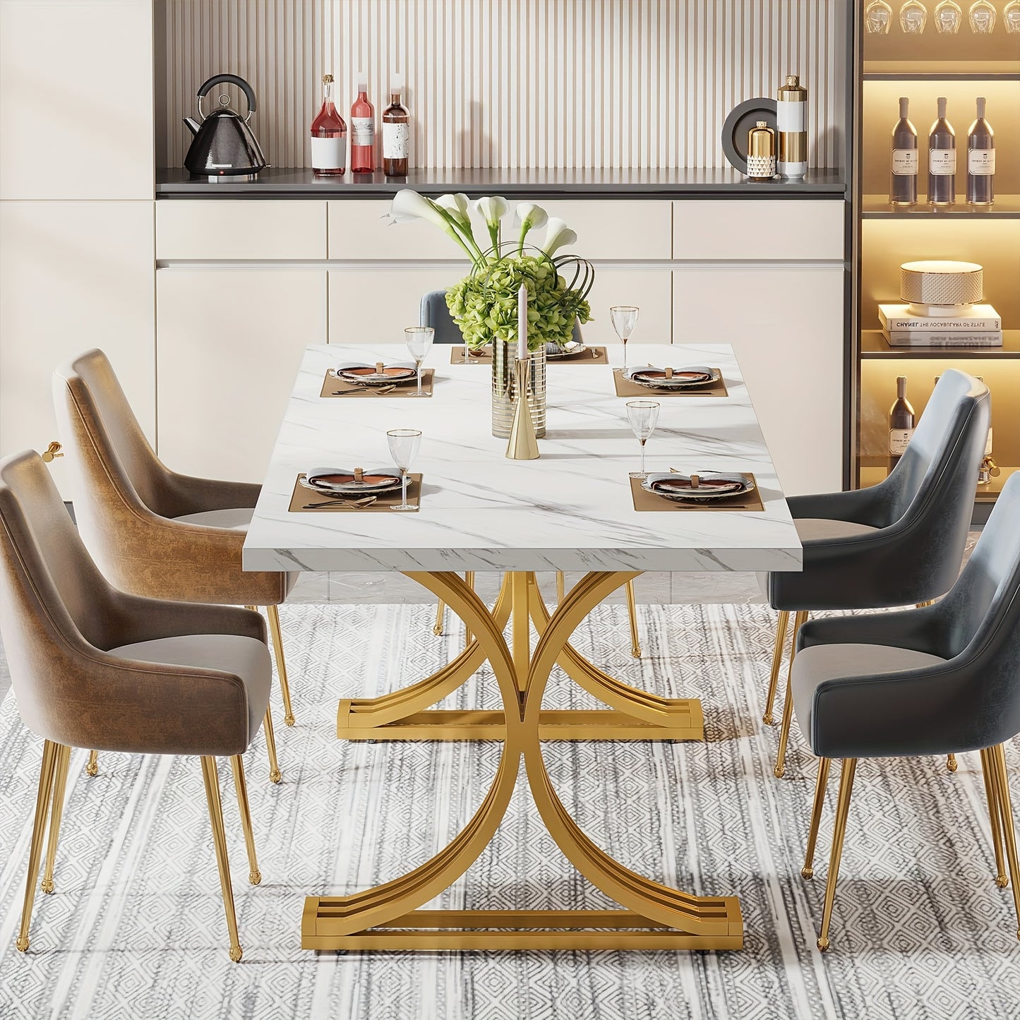 Eettafel – Keukentafel – Dinertafel – Tafelblad – Dinerbank – Modern Design – 160x80 cm – Grijs MDF Blad Met Gouden Metalen Poten