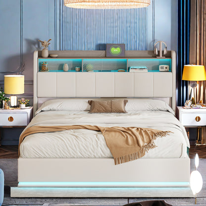 Tweepersoonsbed – Opbergbed – Slaapbank – Bedframe – Fluwelen Bed – 160x200 cm – LED-verlichting & USB-poorten – Met Opberglades