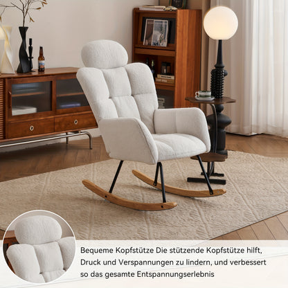 Draaifauteuil – Fauteuil – Relaxstoel – Schommelstoel – Lounge Chair – Wit – Zachte Teddy Bekleding – Massief Houten Frame