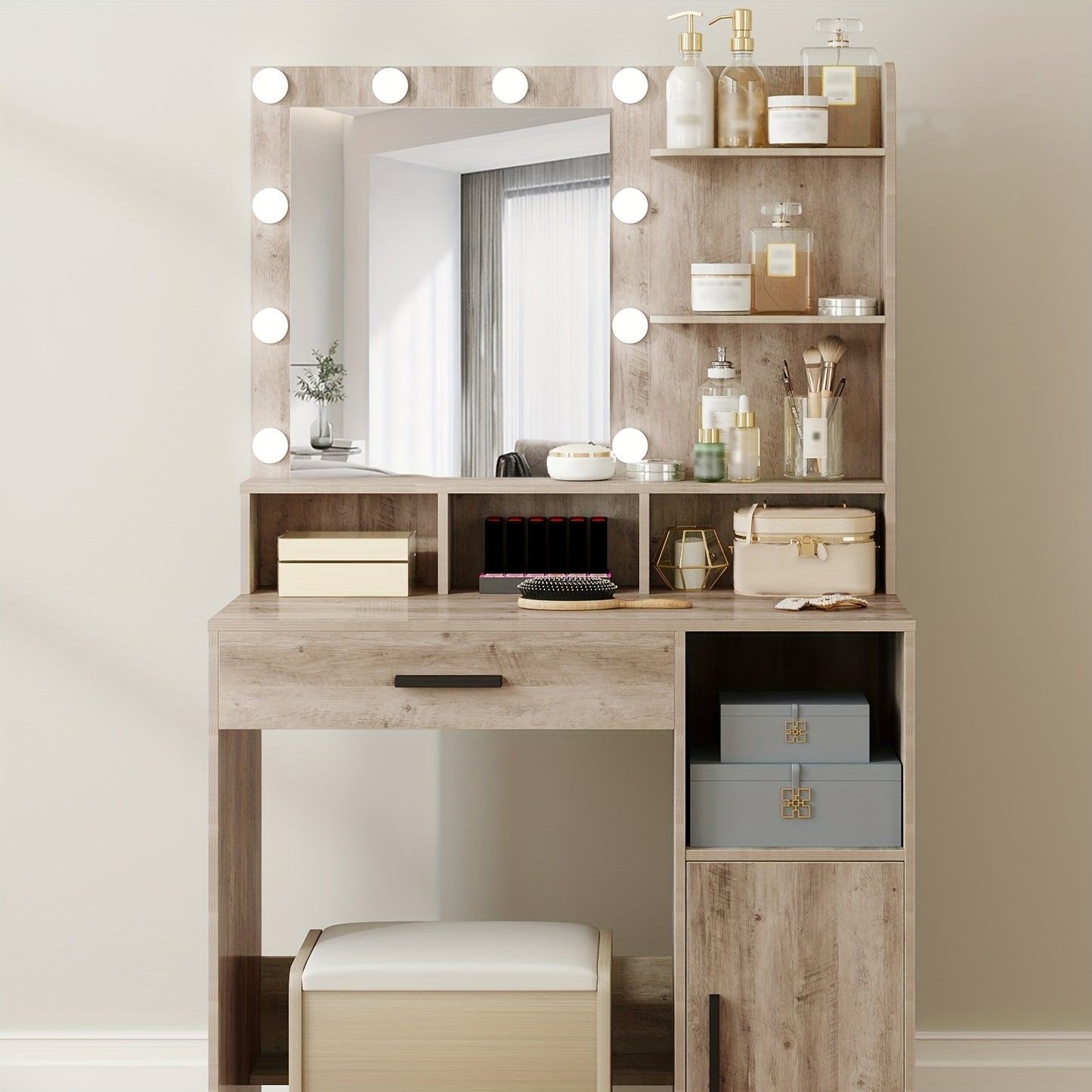 Make-up Tafel – Kaptafel – Schminktafel – Vanity Table – Make-up Bureau – Greige Kleur – 10 LED Verlichting Met 3 Dimbare Standen – 3 Open Planken & 4 Vakken Met Grote Lade