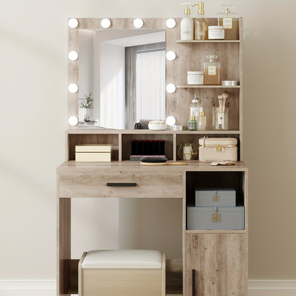 Make-up Tafel – Kaptafel – Schminktafel – Vanity Table – Make-up Bureau – Greige Kleur – 10 LED Verlichting Met 3 Dimbare Standen – 3 Open Planken & 4 Vakken Met Grote Lade