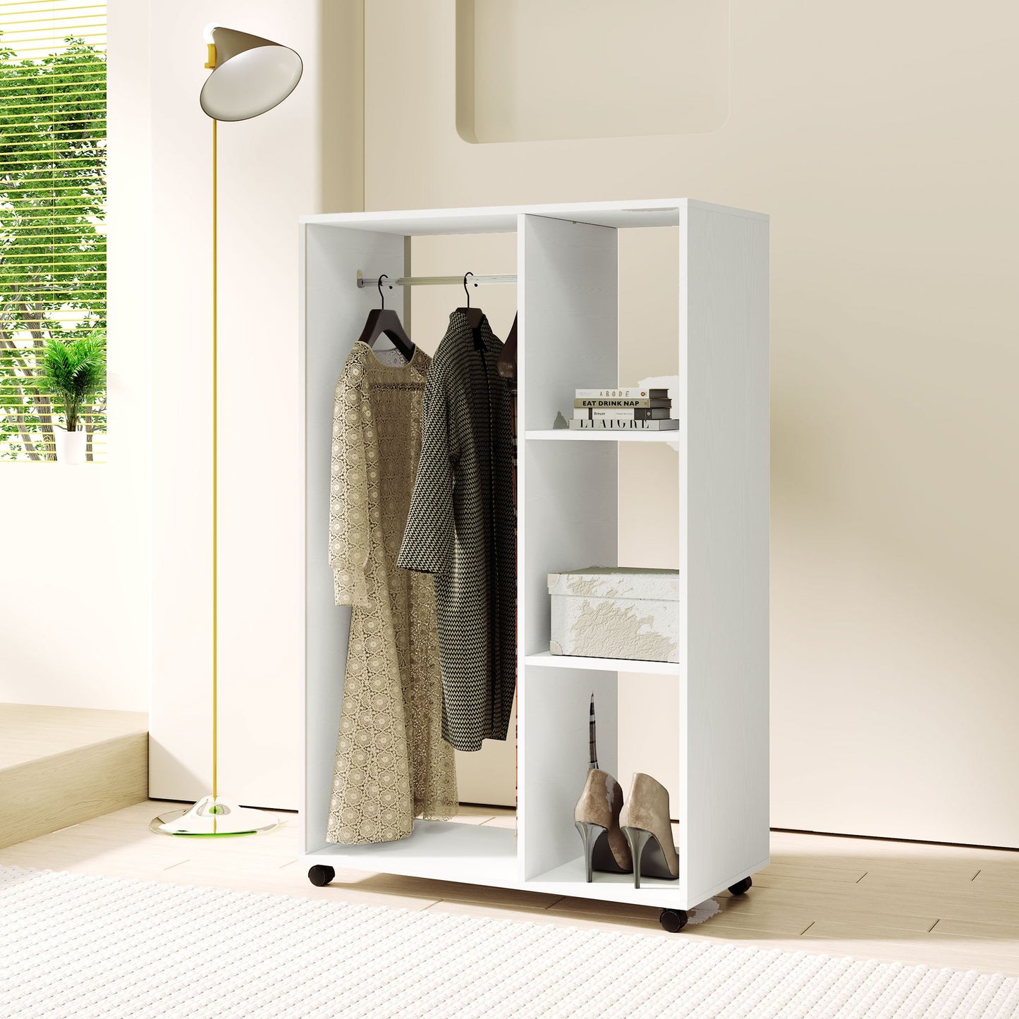 Rollende Kledingkast – Mobiele Kast – Kledingrek Op Wieltjes – Opbergkast – Garderobekast – Compact 80x40x128 cm – Stevig Wit Frame