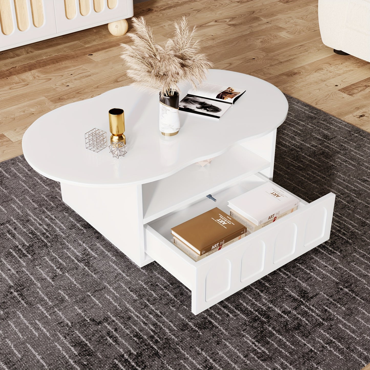 Wolkvormige Salontafel – Koffietafel – Bijzettafel – Opbergtafel – Woonkamertafel – Wit – Met Lades en Kastjes – Duurzaam Hardhout en Kunsthout