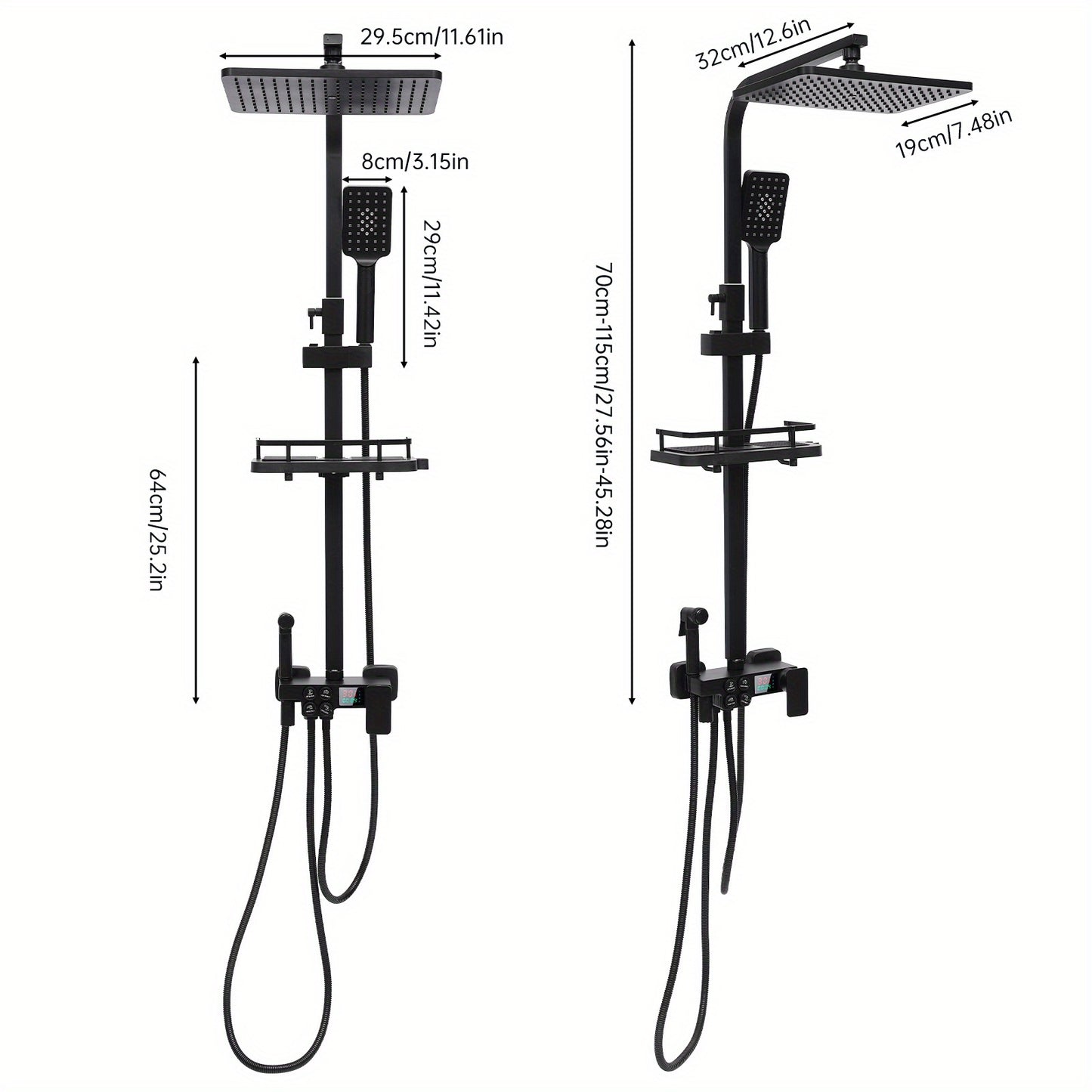 Regendouche – Douche Set – Doucheset – Douchesysteem – Handdouche – Mat Zwart – Roestvrij Staal – Verstelbare Hoogte – Ingebouwde Opbergrek