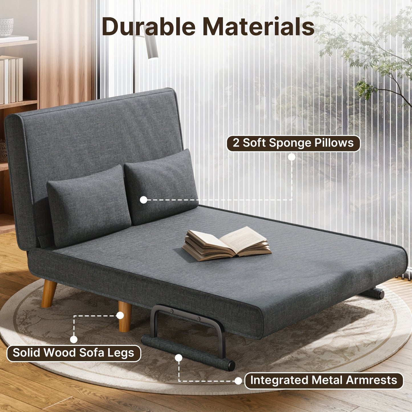 3-in-1 slaapbank – slaapbank – bedbank – slaapmeubel – slaapfauteuil – 6-positie verstelbare rugleuning – stevig houten frame – donkergrijs