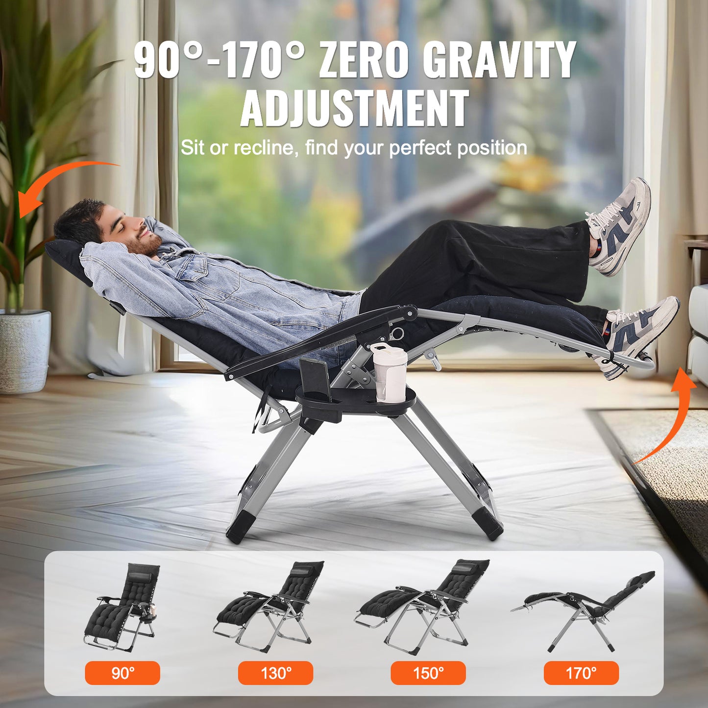 Zero Gravity Relaxstoel – Ligstoel – Loungestoel – Tuinstoel – Relaxfauteuil – Zwart – Verstelbare Ligpositie 90°-170° – Draagkracht 227 kg