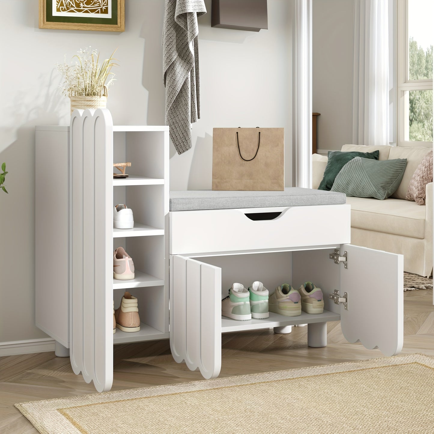 Modern White 3-Door Shoe Cabinet with Bench & Drawer - Space-Saving Hallway Entryway Storage, -Standing Shoe Organizer with Cushioned Seat, Doors & Drawers for Small Spaces, Assembly Required (Compatible with Narrow Hallways)