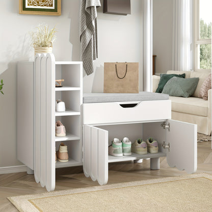 Modern White 3-Door Shoe Cabinet with Bench & Drawer - Space-Saving Hallway Entryway Storage, -Standing Shoe Organizer with Cushioned Seat, Doors & Drawers for Small Spaces, Assembly Required (Compatible with Narrow Hallways)