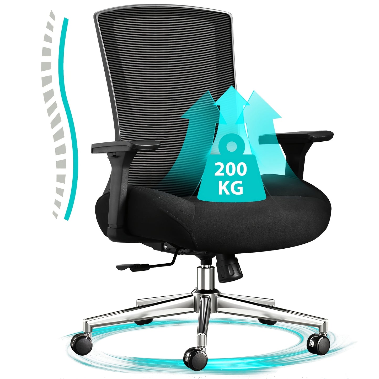 Bureaustoel – Office Chair – Computerstoel – Kantoorstoel – Ergonomische Stoel – Verstelbare Lendensteun & Armleuningen – Draagkracht 200 kg – Mesh Design Zwart