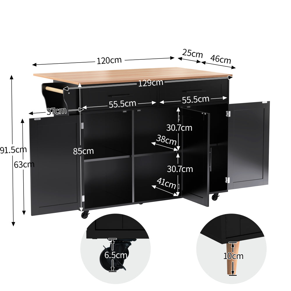 Keukentrolley – Keukenwagen – Serveerwagen – Opbergtrolley – Keukenkast – Mobiel Op Wieltjes – Opklapbaar Tafelblad – 129x46x91,5 cm – Ruime Laden Met Kast