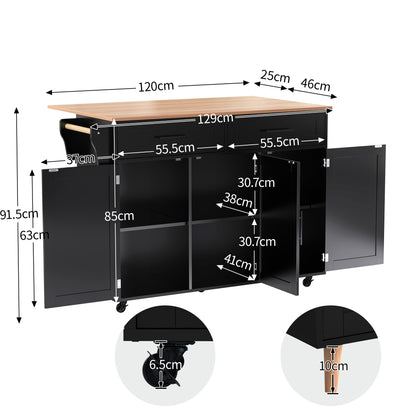 Keukentrolley – Keukenwagen – Serveerwagen – Opbergtrolley – Keukenkast – Mobiel Op Wieltjes – Opklapbaar Tafelblad – 129x46x91,5 cm – Ruime Laden Met Kast