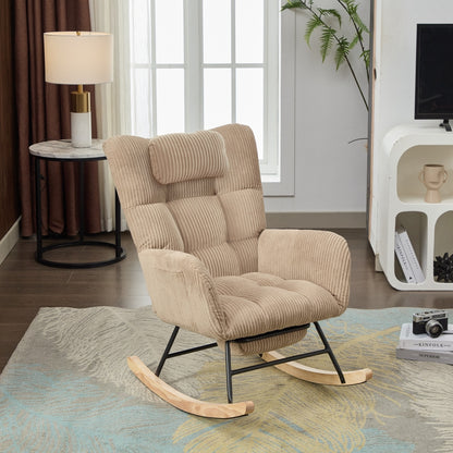 Rocking Chair with Invisible Rocker Base & Neck - Soft Upholstered High-Back Brown Armchair, - Padded Seat, Easy Assembly, Durable Metal-Free Fabric for, & Room (No Wood)