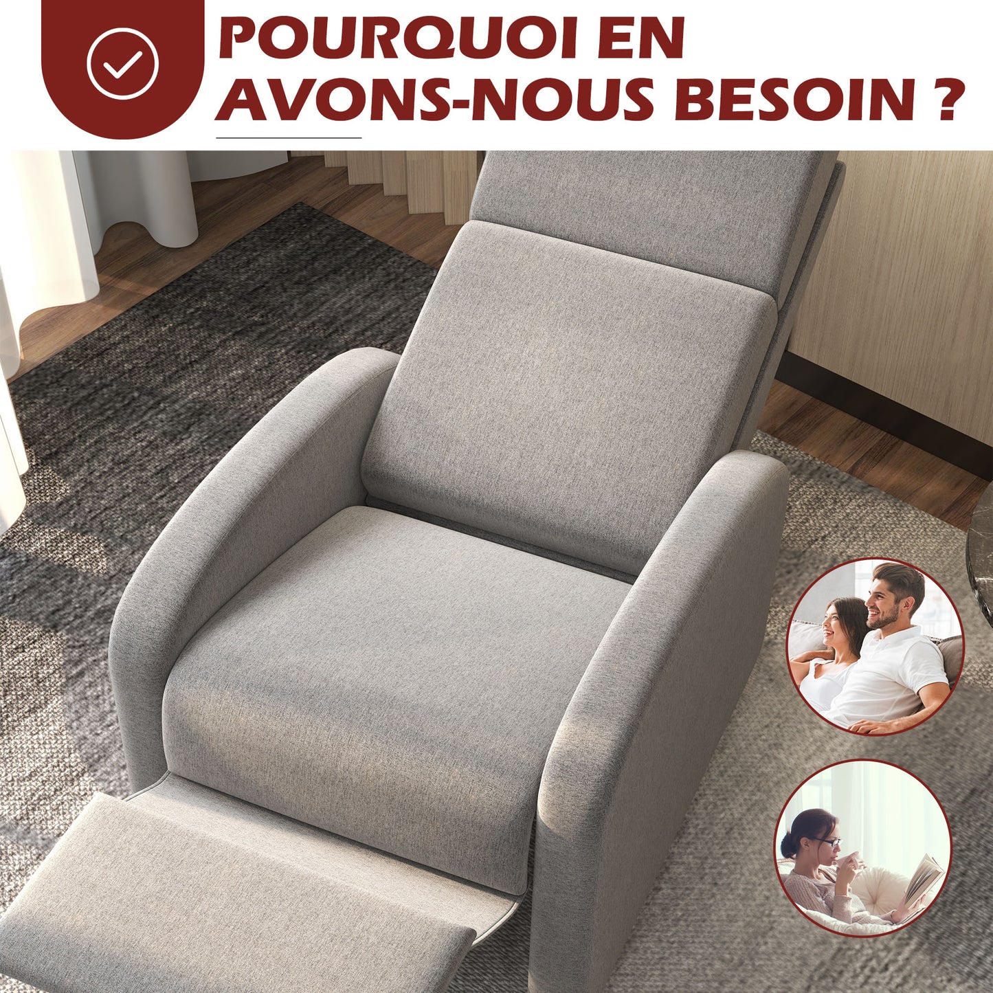 Relaxfauteuil – Relaxstoel – Loungefauteuil – Verstelbare Fauteuil – Zithoekstoel – Verstelbare Rugleuning 160° – Geïntegreerde Voetensteun – Polyester Linnen-look – Grijs