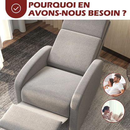 Relaxfauteuil – Relaxstoel – Loungefauteuil – Verstelbare Fauteuil – Zithoekstoel – Verstelbare Rugleuning 160° – Geïntegreerde Voetensteun – Polyester Linnen-look – Grijs