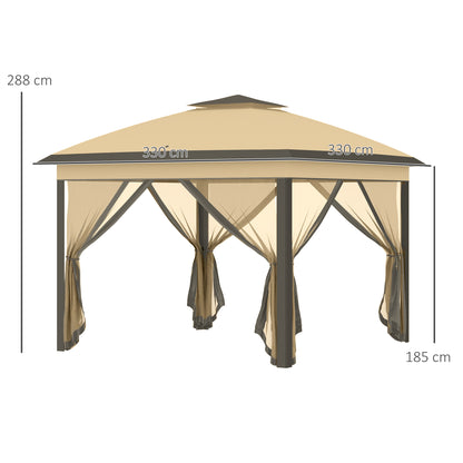 Tuinkamer – Tuinpaviljoen – Partytent – Prieel – Overkapping – Dubbel Dak – 4 Afneembare Vliegenhorren – Beige/Bruin
