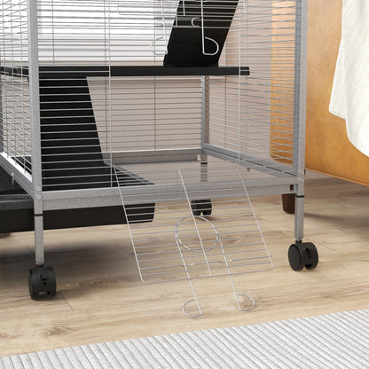 Dierenkooi – Knaagdierkooi – Chinchillakooi – Frettenkooi – Kleine Dieren Kooi – Met 4 Wielen En 2 Deuren – 3 Ramps En Hangmat – Wit – Metaal – 52x52x113,5 cm