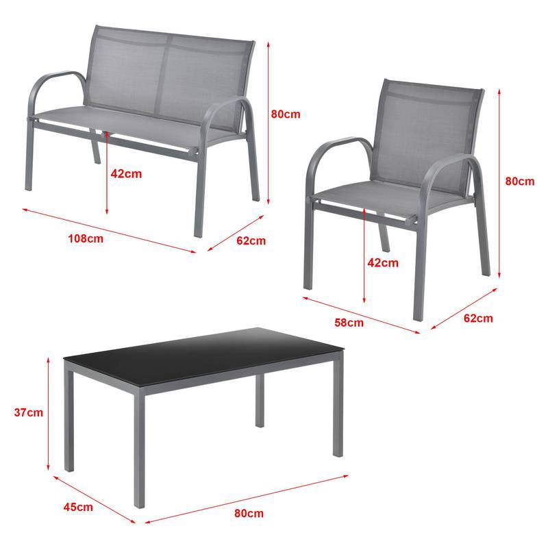 Tuinset – Tuinmeubelset – Bistroset – Loungeset – Balkonset – Stalen Frame – Glasplaat Tafel – Lichtgrijs – 2 Persoons Bank – 2 Stoelen