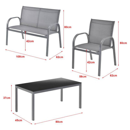 Tuinset – Tuinmeubelset – Bistroset – Loungeset – Balkonset – Stalen Frame – Glasplaat Tafel – Lichtgrijs – 2 Persoons Bank – 2 Stoelen