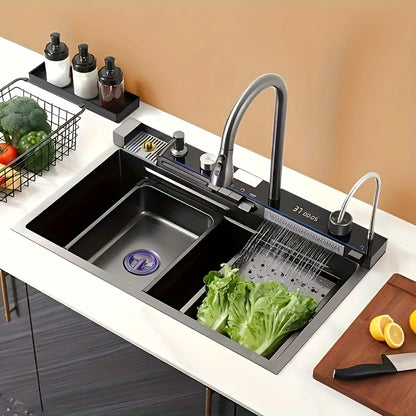 Digital Display Waterfall Kitchen Sink with Pull-Out Faucet Combo - 75x45cm Smart Waterfall Sink Honeycomb Deep Single Bowl with Accessories,  Contemporary Design, Easyclean Surface, Modern Homeowners, Interior Designers
