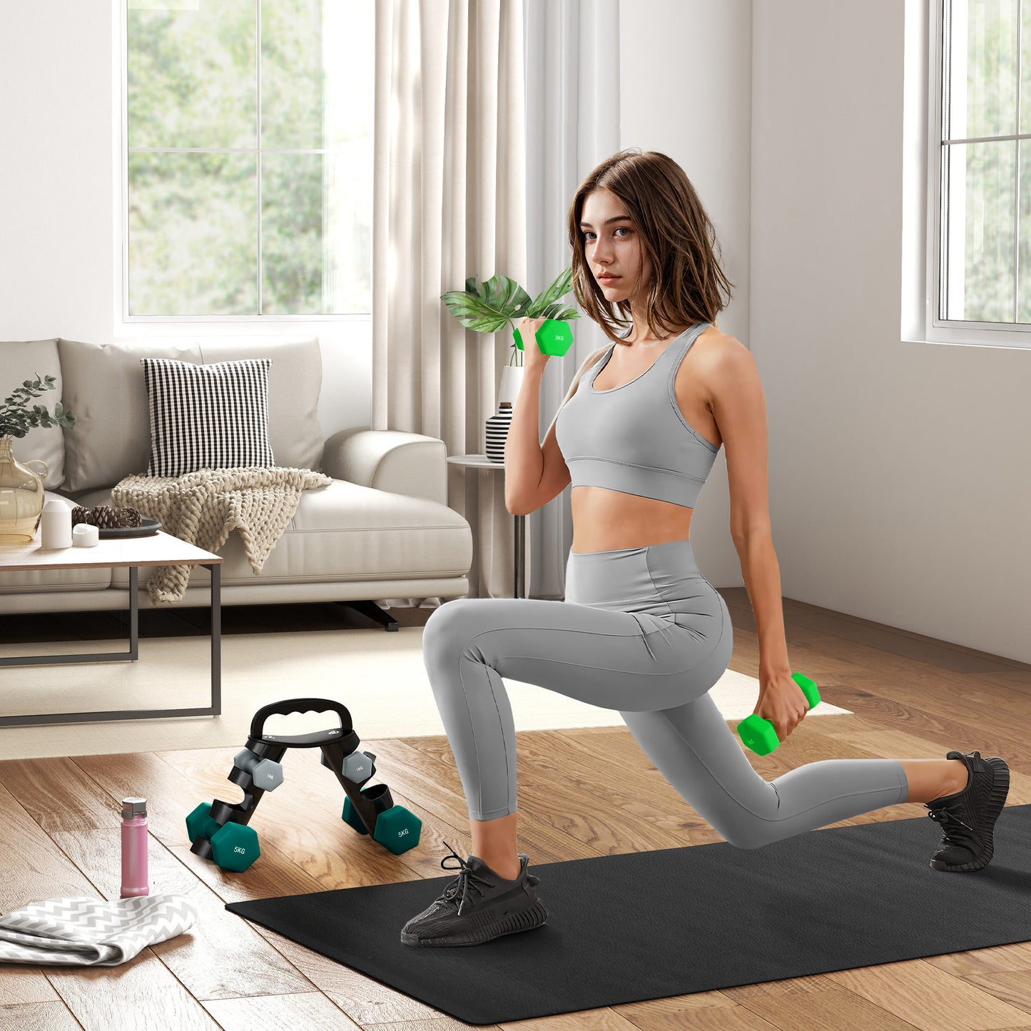 Halterset – Dumbbells – Dumbbellset – Gewichten – Fitnessset – 6-delig – Verstelbare gewichten 1-5 kg – Inclusief compact opbergrek
