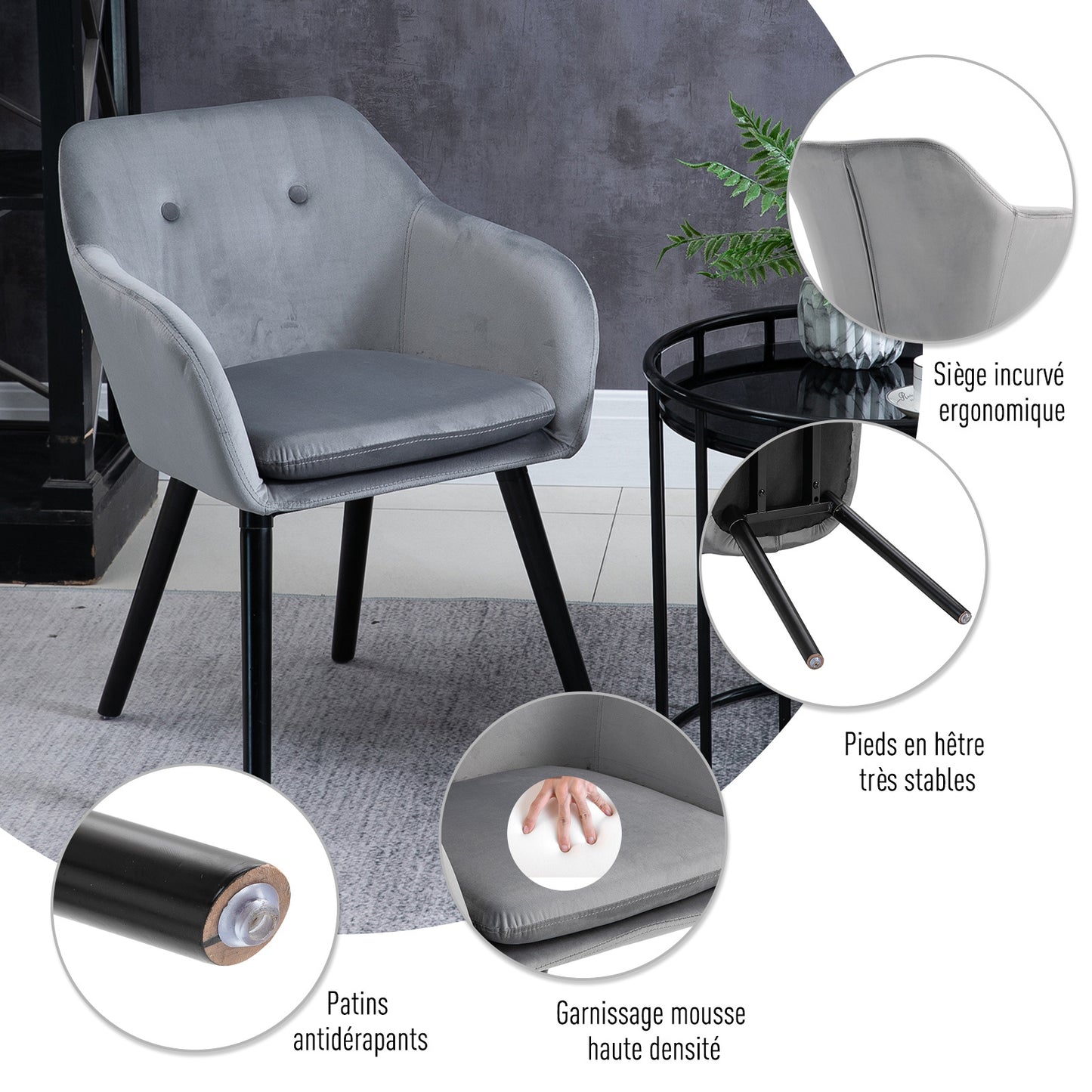 HOMCOM Dining Room Chairs Kitchen Chair Living Room Scandinavian Chairs - Set of 2 - Tapered Legs Black Wood - Grey Velvet